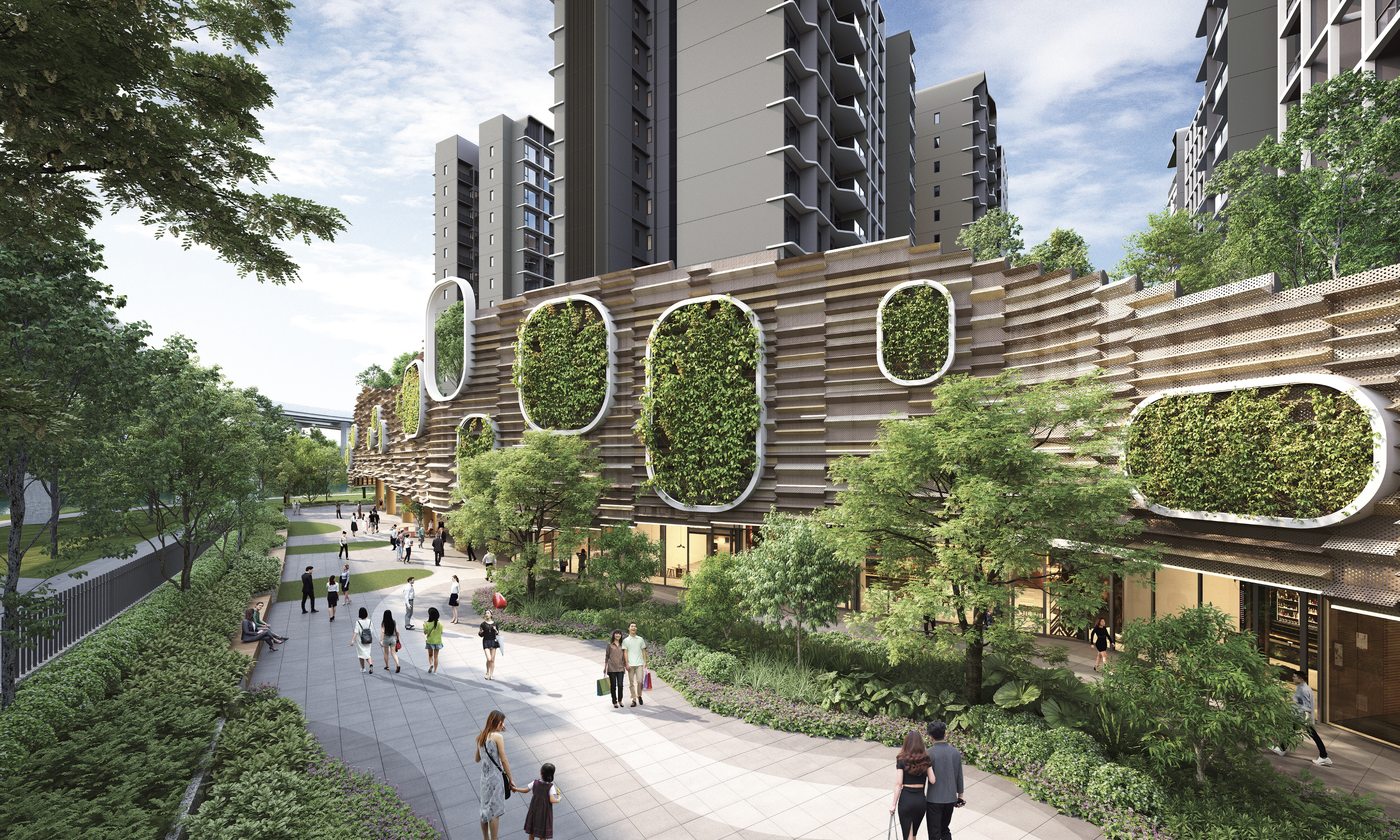 Tengah Garden Residences sheltered promenade commercial plaza green facade