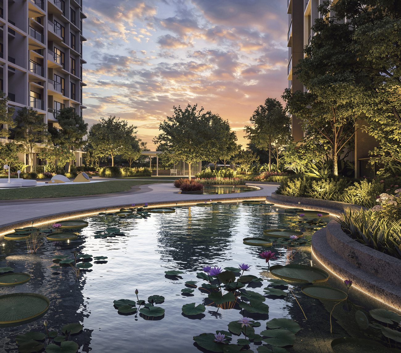 Tengah Garden Residences water lily brook landscape garden evening
